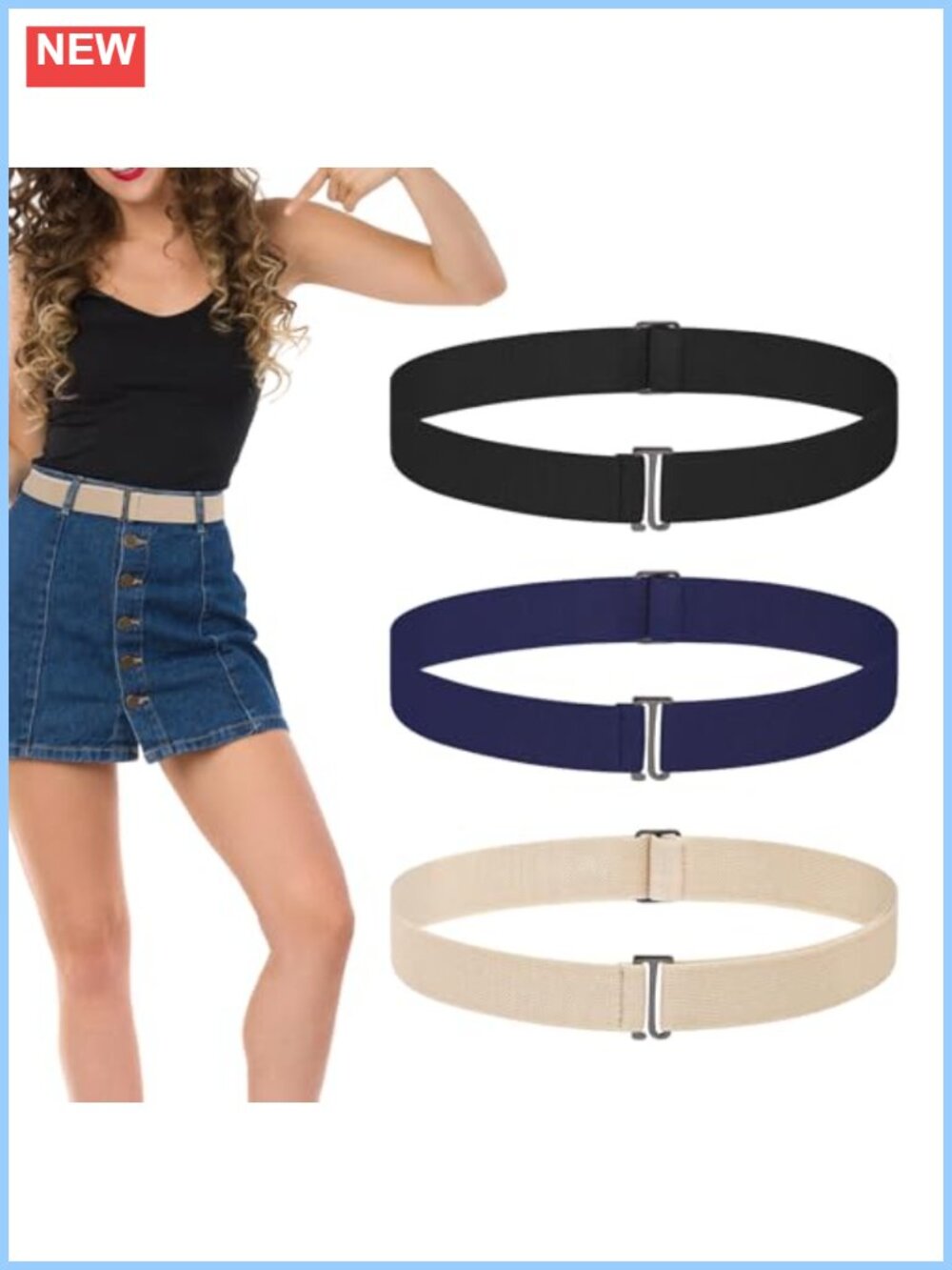 3 Pack No Show Stretch Belts for Women Flat Buckle Adjustable Elastic Waist
